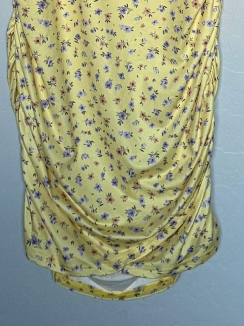Floral Yellow Bodycon Ruched Sides High-Low Dress Floral Pattern Summer Spring - Picture 10 of 12